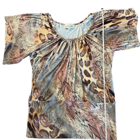 LINDA SEGAL WOMENS GORGEOUS ABSTRACT SHORT DRAPED SLEEVES TOP SIZE MEDIUM - Picture 7 of 12